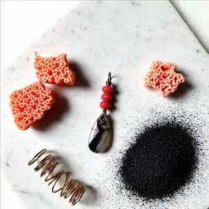 Elongated Beaded Pendant ~ Banded Agate & Ceramic Beads - Wire Wrapped w. Bronze